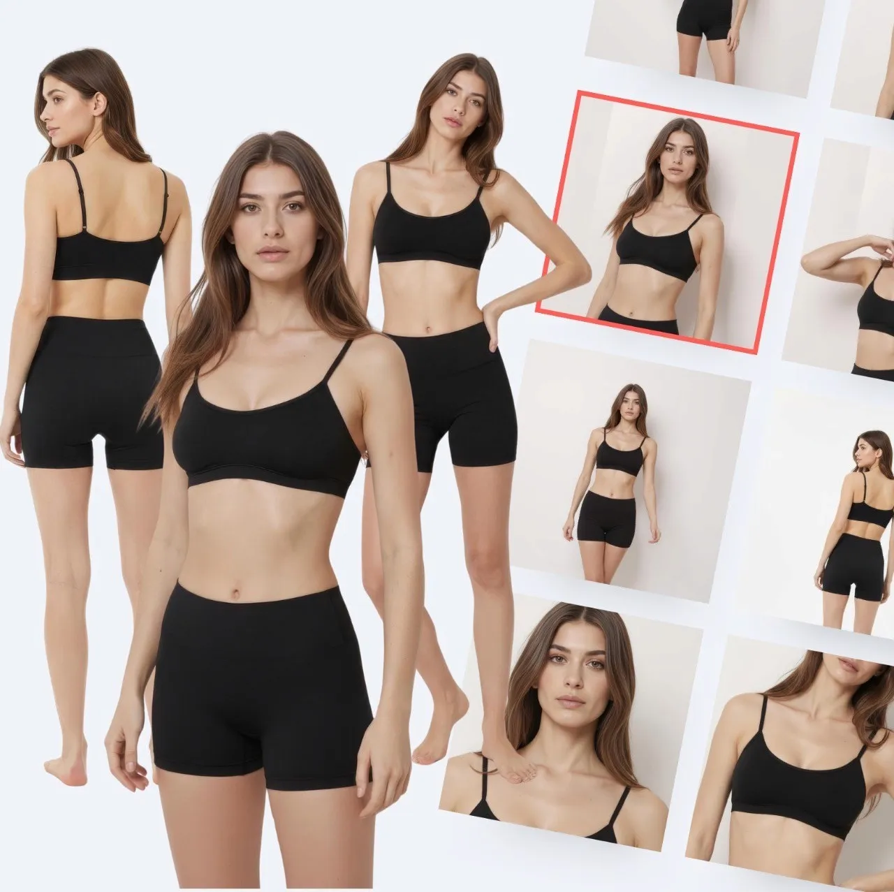 Grid of model headshots in black sportswear